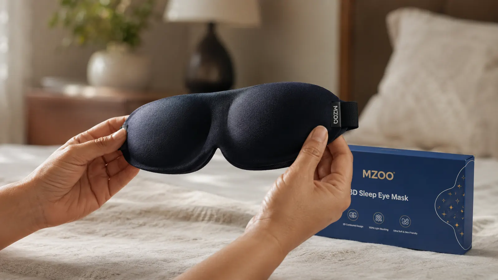 Close-up of the MZOO 3D contoured sleep mask showing the raised dome shape over the eyes