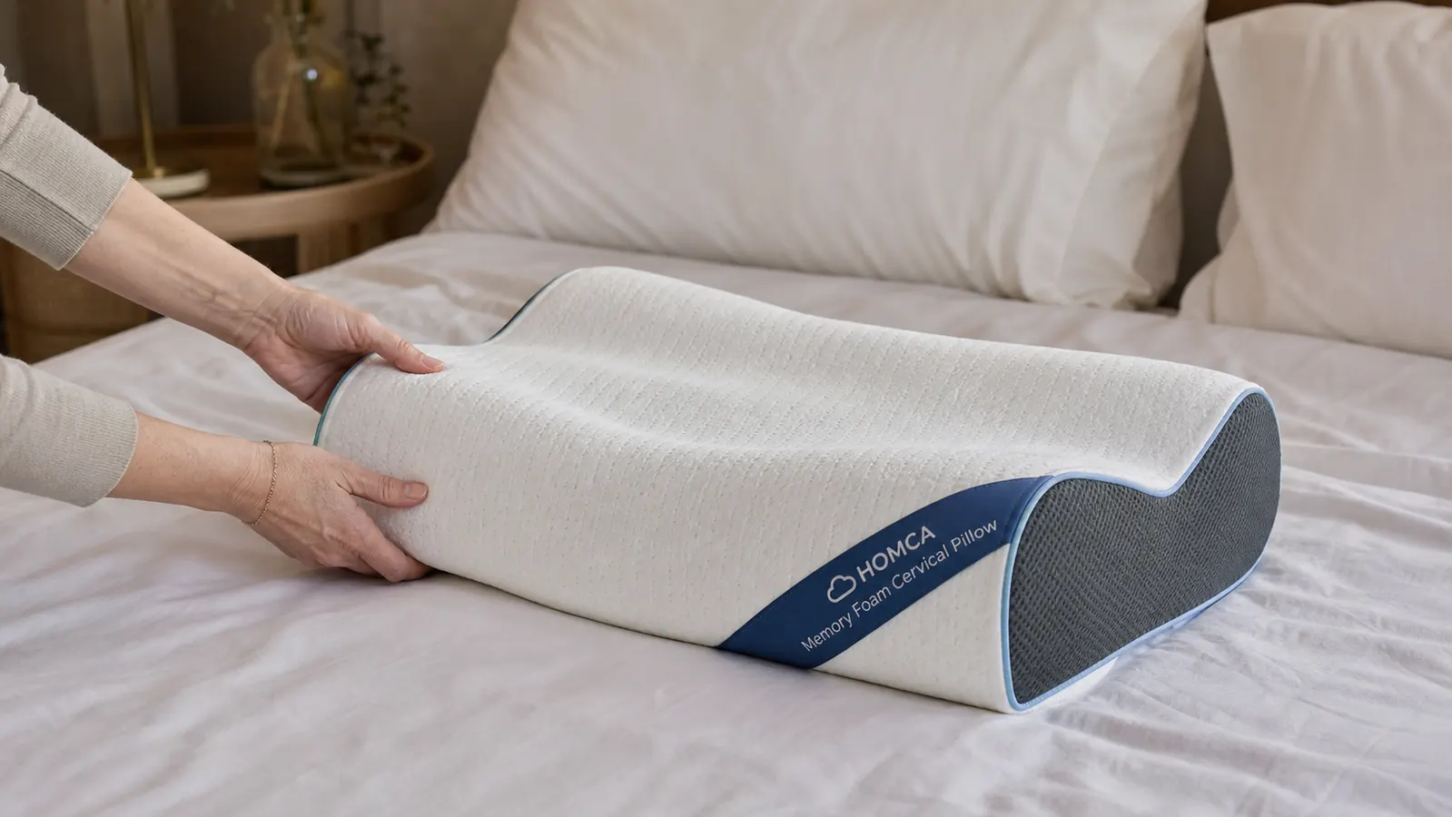Close-up of the HOMCA cervical contour pillow showing the ergonomic wave shape and dual-height ridges