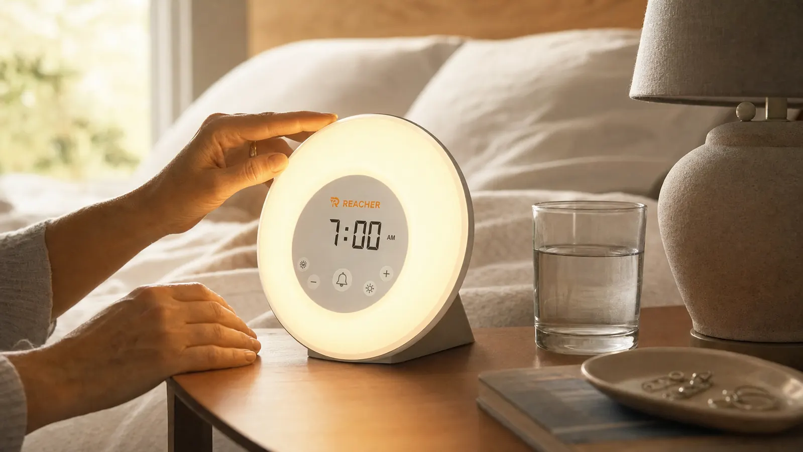 REACHER sunrise alarm clock displaying warm orange glow on a bedside table next to a glass of water