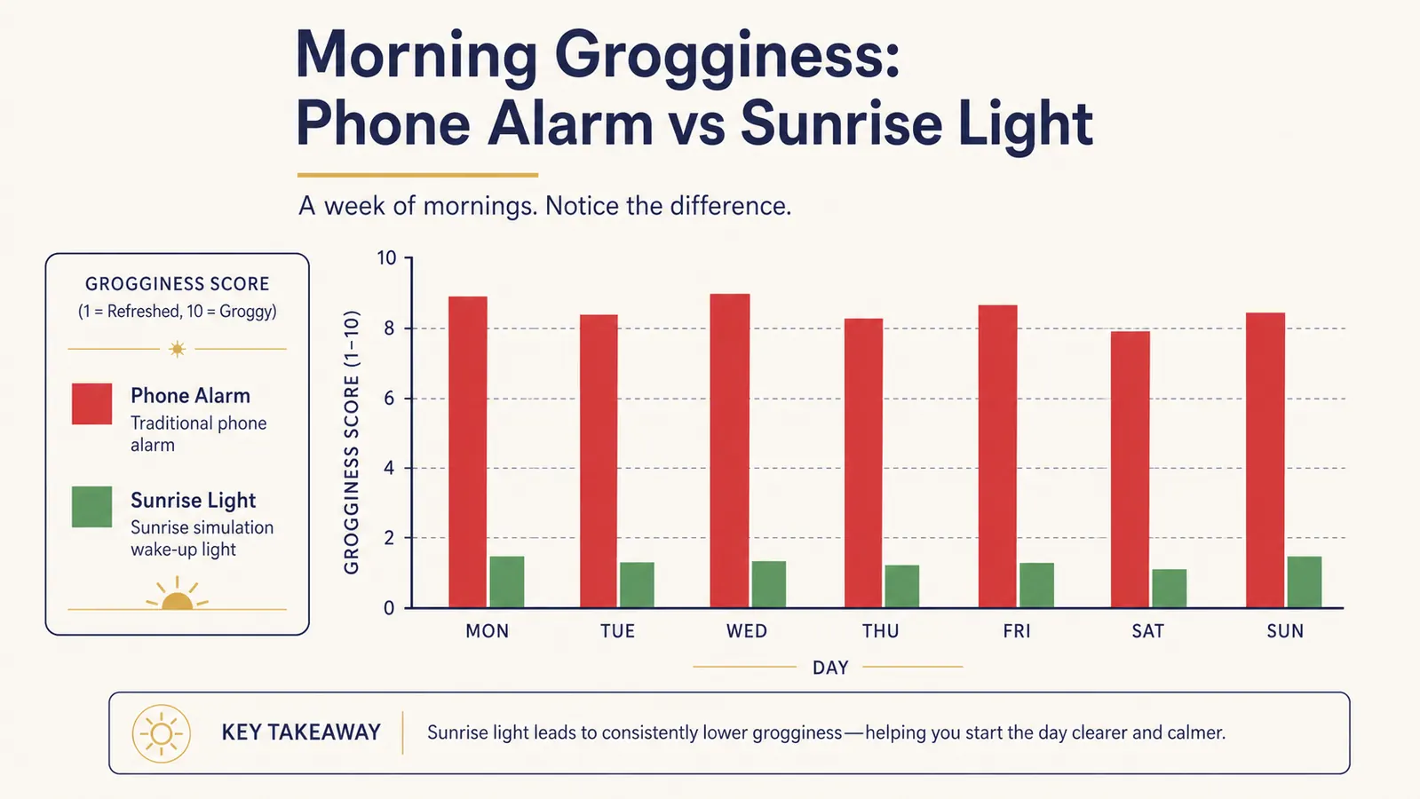 Chart comparing morning mood and grogginess levels between jarring phone alarm and gradual wake-up light over seven days
