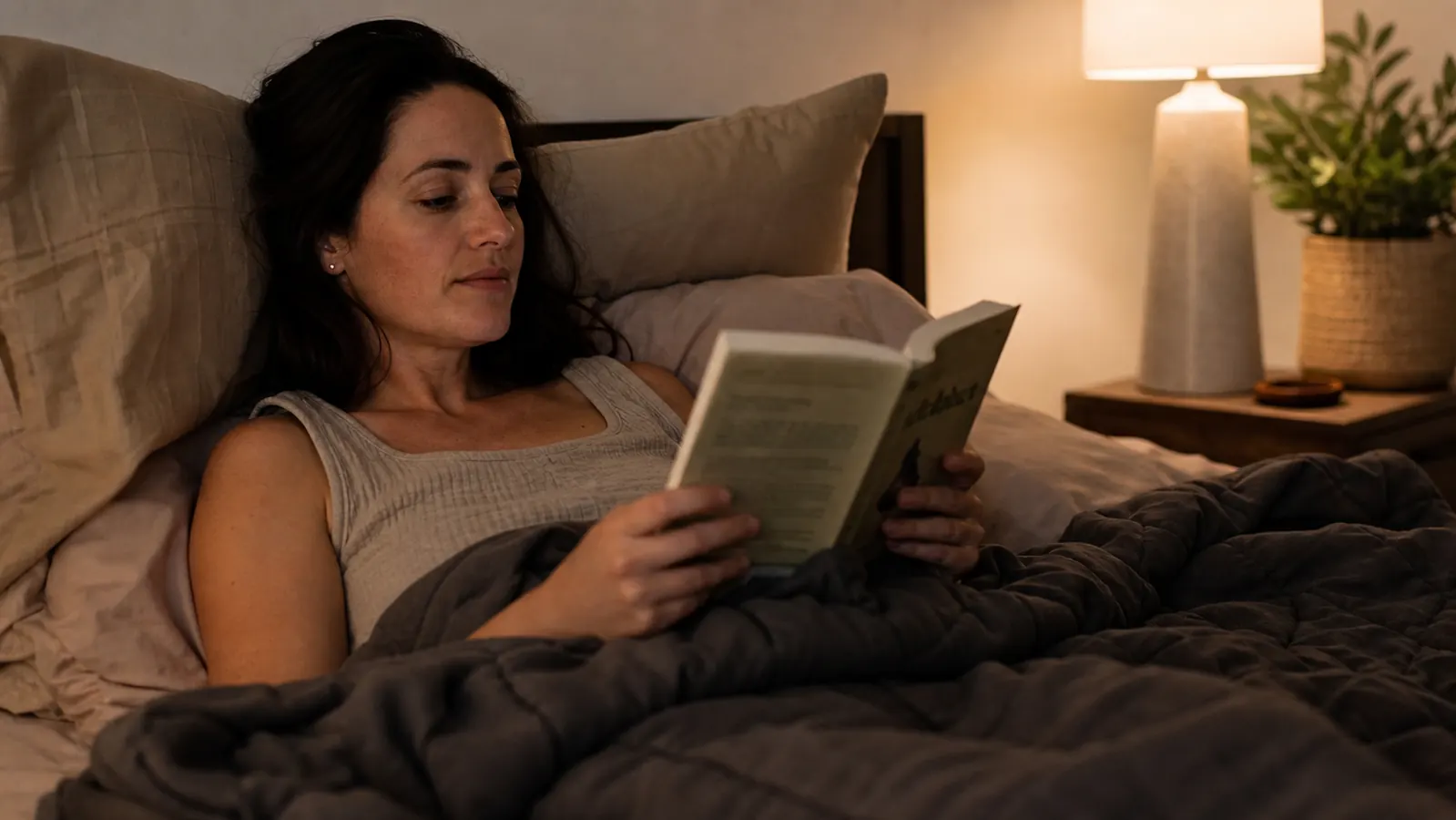 Person reading a book in bed, weighted blanket pulled up to their waist, bedside lamp casting warm light