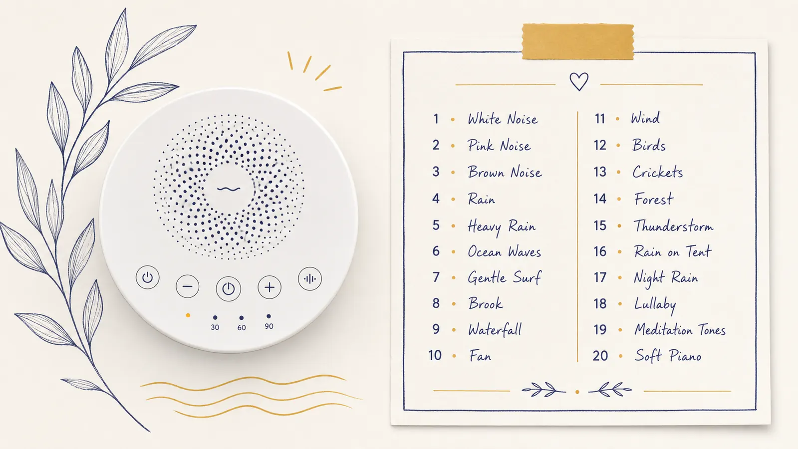 White noise machine with volume dial showing 20 sound options listed on a card beside it