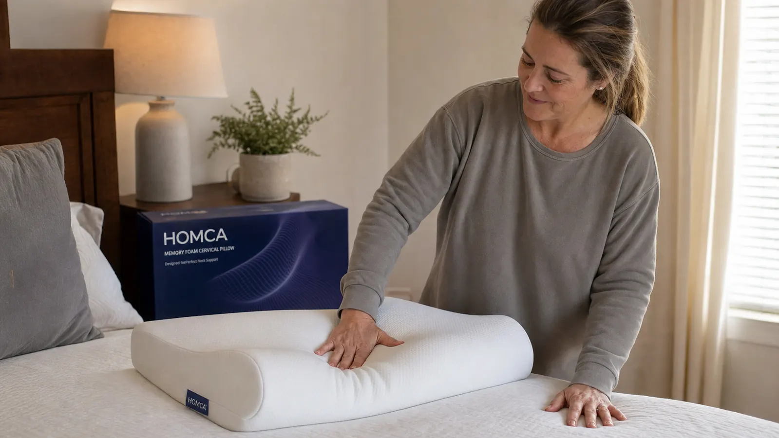 A person holding a cervical contour pillow and pressing one hand into the memory foam to show its firmness