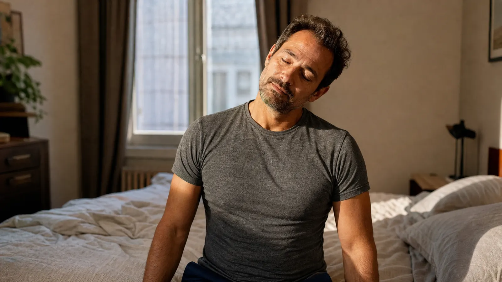 A relaxed person waking up in the morning, sitting on the edge of a bed and rolling their neck without visible discomfort