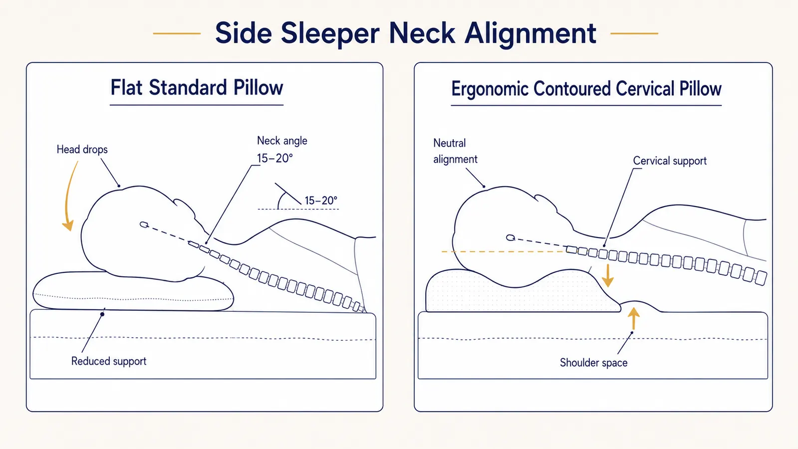 Side-by-side diagram showing a flat pillow versus a contoured cervical pillow with a side-sleeping head position