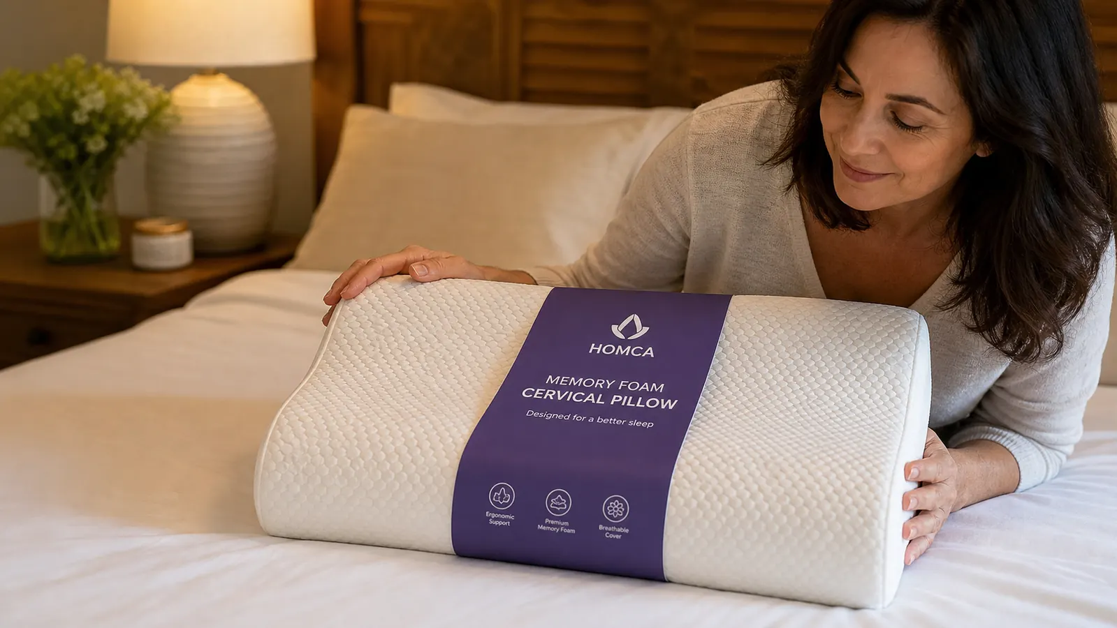 HOMCA cervical contour pillow resting on a neatly made bed with white and gray bedding