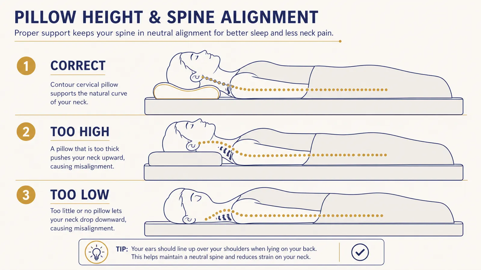Diagram comparing neck alignment on a cervical contour pillow versus a flat pillow versus no pillow