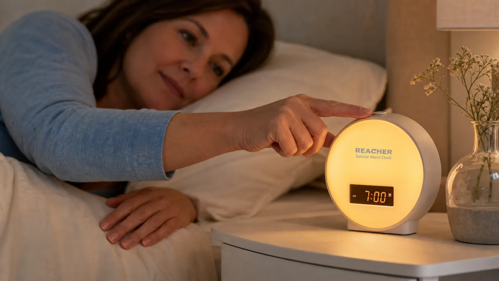 Hand pressing the top button on the REACHER sunrise alarm clock to cycle through the menu settings