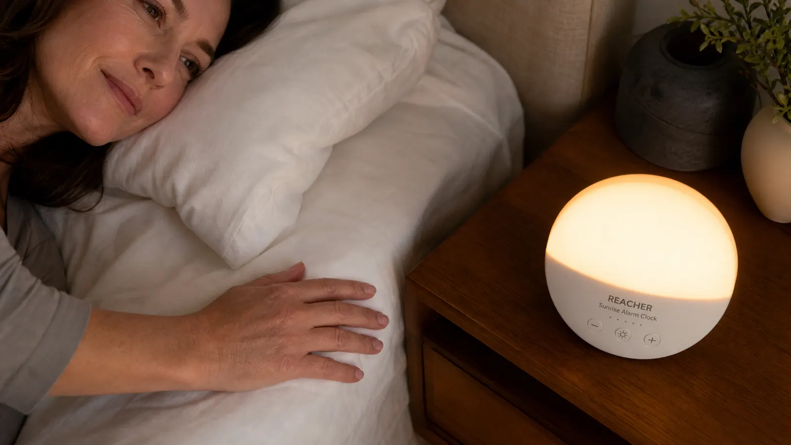 Close-up of REACHER sunrise alarm clock with the light at about 40 percent brightness, hand resting nearby on white sheets