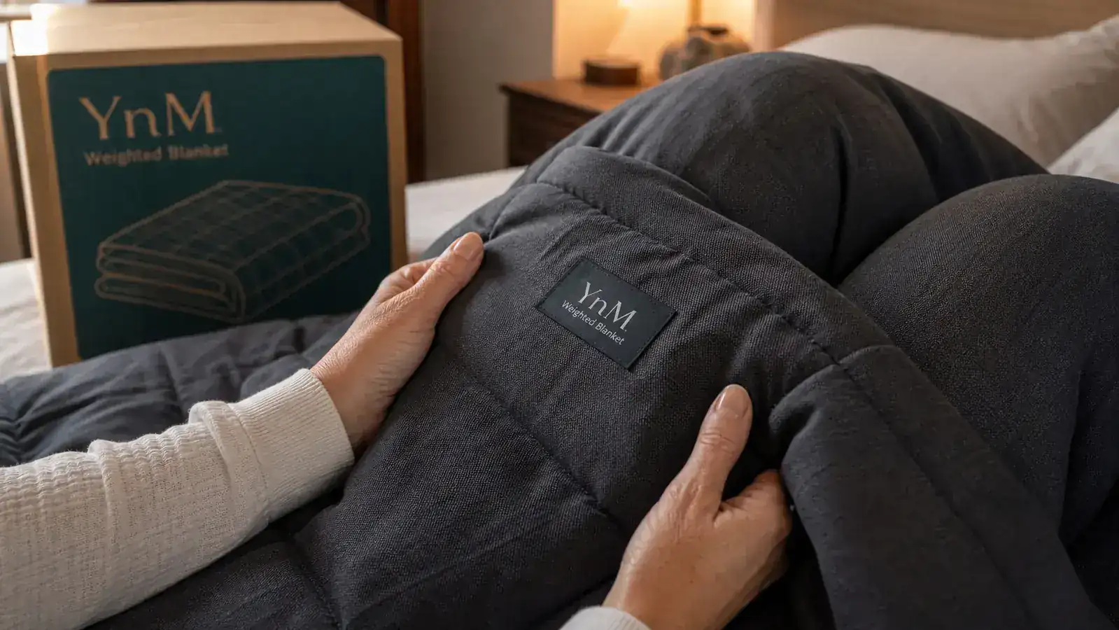 Close-up of hands pulling a weighted blanket over legs in bed, small glass bead texture visible through fabric