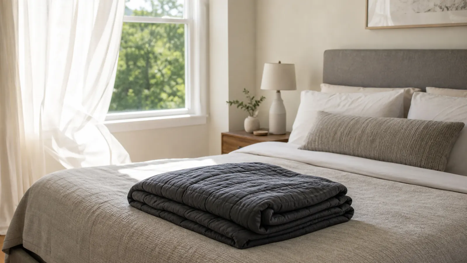 Woman in a summer bedroom near an open window, weighted blanket folded at the foot of the bed