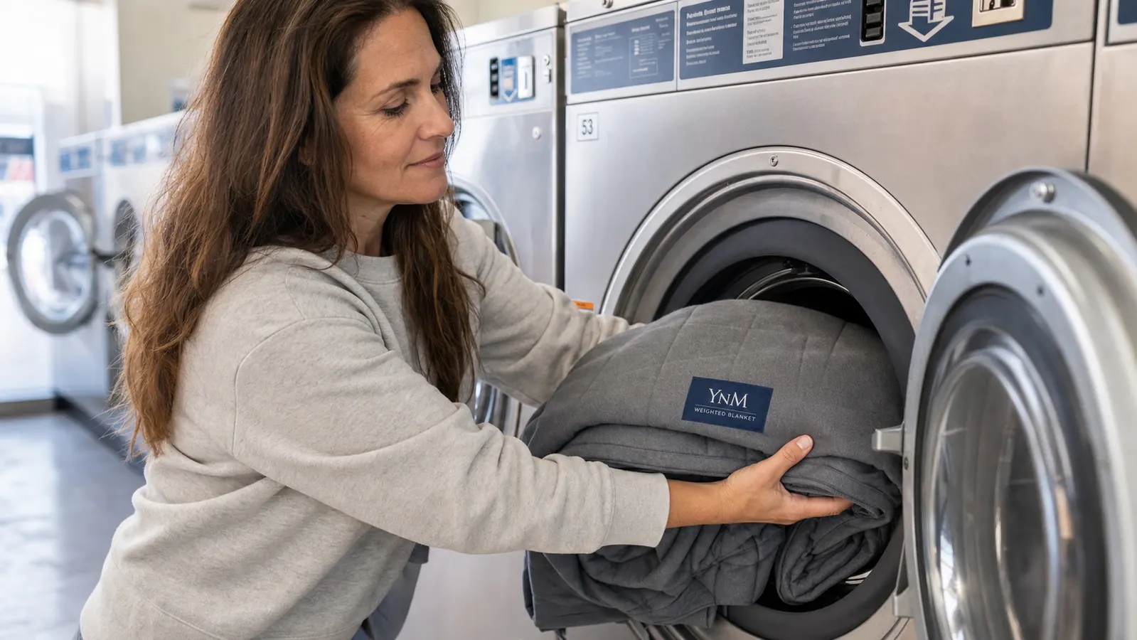 Weighted blanket being loaded into a large front-loading washing machine at a laundromat