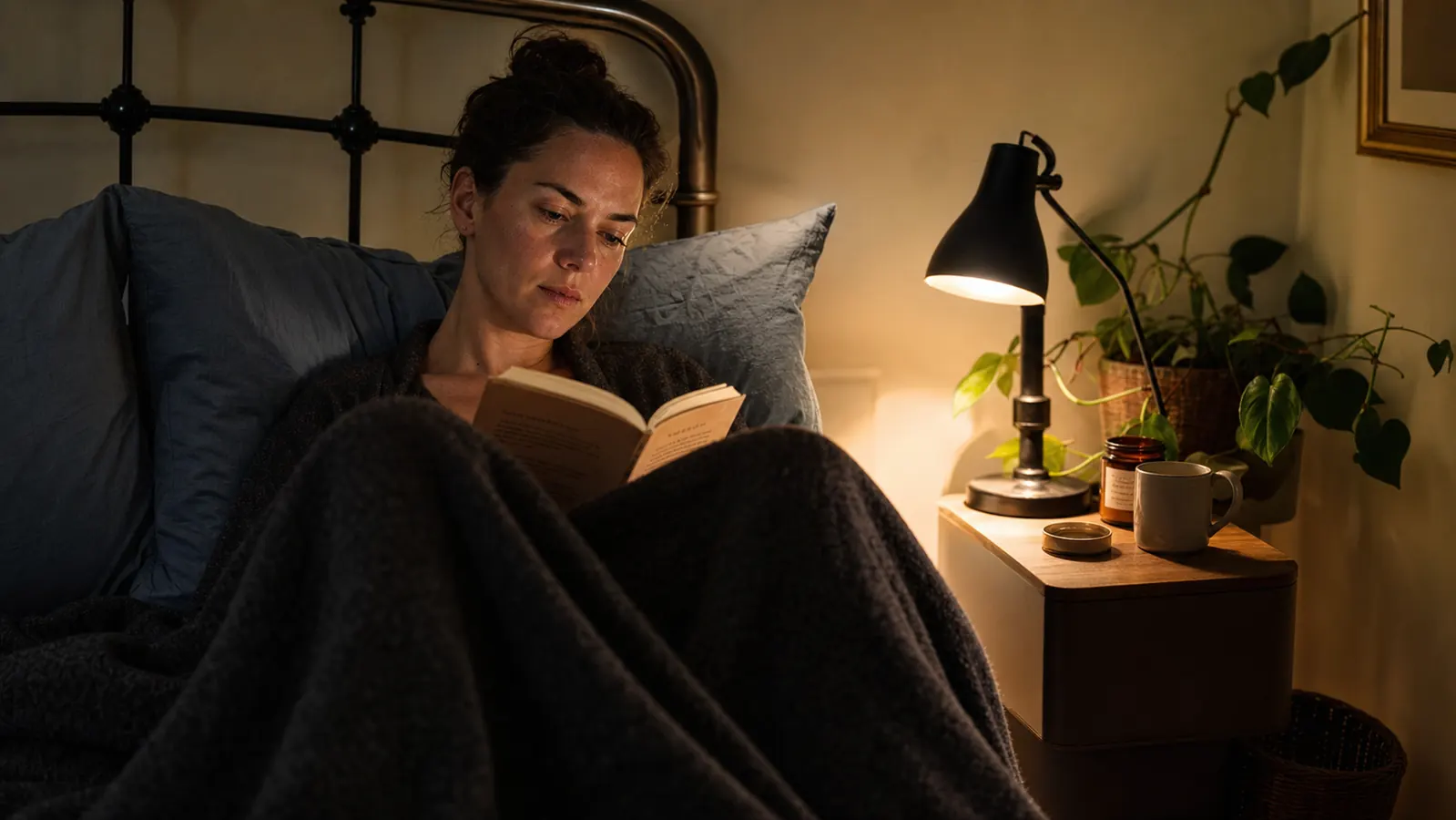 Person sitting in bed reading with a weighted blanket draped over their lap