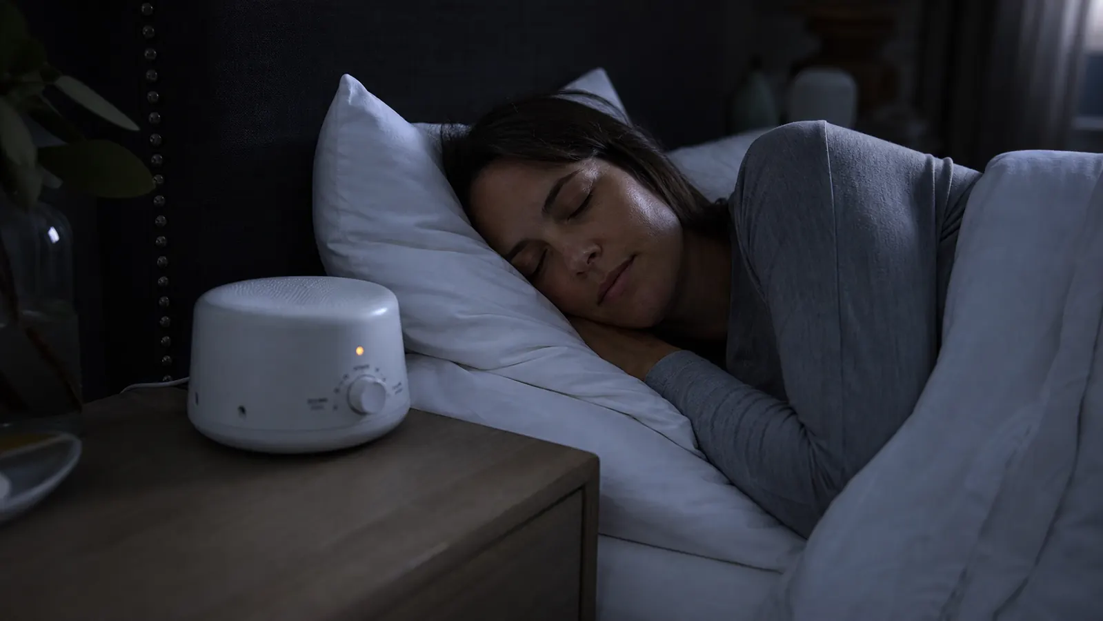 Person sleeping peacefully in a dark bedroom, white noise machine glowing faintly on the nightstand, city noise implied outside the window